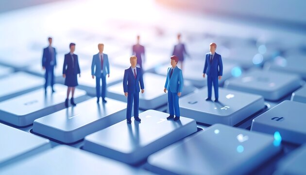 Miniature business people on computer keys