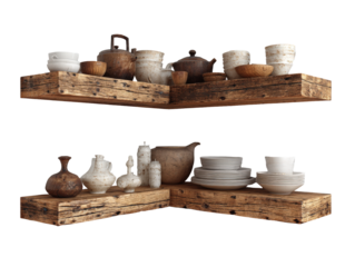Rustic L-shaped wooden shelves with a collection of wabi-sabi style ceramic and wooden tableware.