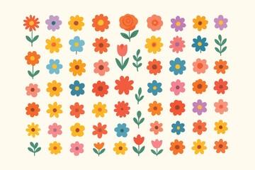 Vibrant collection of hand drawn spring wildflowers delicate leaf branches and lush foliage presented on a clean white background for versatile decorative use