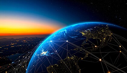 Obraz premium Earth at dawn, connected by a network