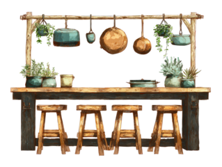 Hand-drawn rustic kitchen counter with four wooden stools hanging copper pots and green plants.