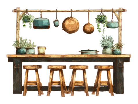 Hand-drawn rustic kitchen counter with four wooden stools hanging copper pots and green plants. - Powered by Adobe