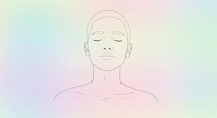 Minimalist drawing of calm and serenity, closed eyes and soft smile, pastel background