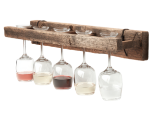 Rustic reclaimed wood wine flight server with five glasses of red white and rosé wine.