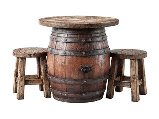 Rustic barrel pub table set with two weathered wooden stools featuring distressed wood and metal bands.