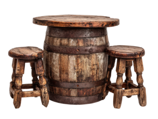 Rustic weathered wooden barrel table with rusty metal hoops and two matching stools.