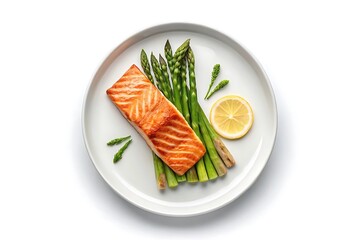 Deliciously cooked salmon fillet served with fresh green asparagus spears and a bright lemon slice on a white plate