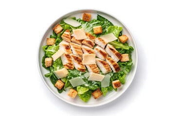 Delicious grilled chicken caesar salad with shaved parmesan cheese and croutons served on a white oval plate