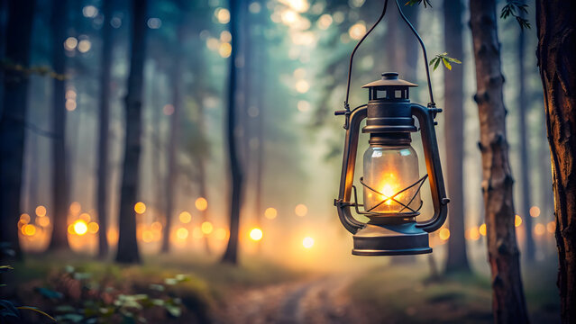 Antique oil lantern glowing warm light in misty forest vintage lantern oil lamp