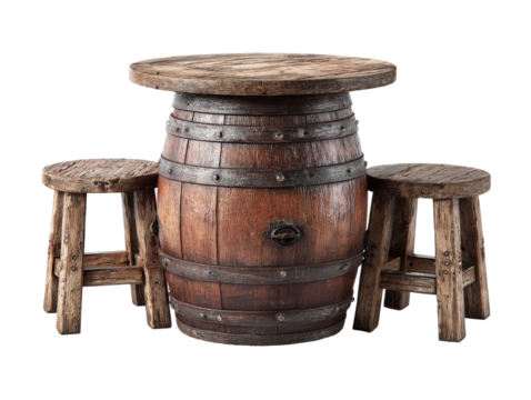Rustic barrel pub table set with two weathered wooden stools featuring distressed wood and metal bands.