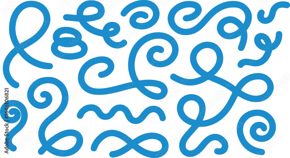 Poster playful blue squiggle illustration with bold black squiggle text on a light gray background creating