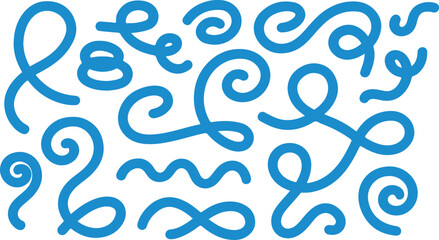 Playful blue squiggle illustration with bold black squiggle text on a light gray background creating a rhythmic visual pattern with clean lines and modern typography