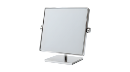 Sleek modern tabletop vanity mirror with adjustable chrome frame and square base, perfect for beauty routines and elegant home decor settings.
