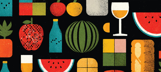 Graphic Fruit and Food Pattern Illustration with Apples Watermelon Wine and Other Treats Summer Vibes in a Modern Design