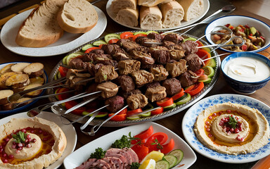 Traditional Turkish Adana kebab or kebap meat food, appetizers, raki and salgam on table from top view in turkish restaurant.