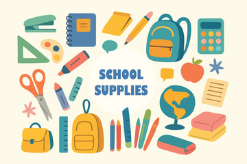Charming hand drawn collection of school supplies and educational elements perfect for children s stickers and back to school decorations