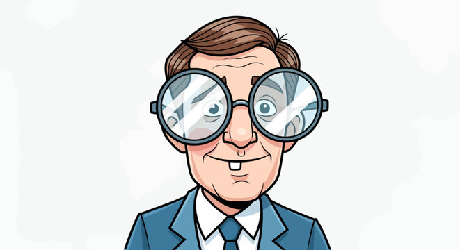 Cartoon illustration of a man with oversized glasses, buck teeth, and a blue suit, against a white background.