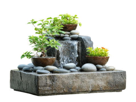 A miniature stone water fountain with a cascading waterfall smooth grey pebbles and small potted bonsai-style plants.