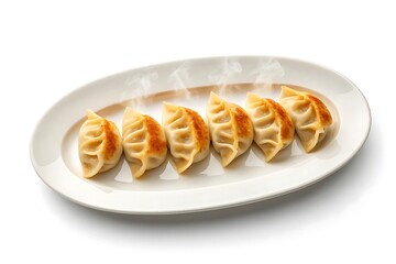 Delicious pan fried dumplings arranged artfully on a white oval plate against a clean white background