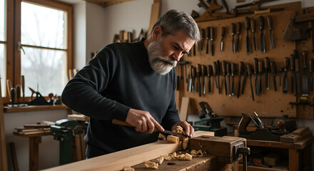 Carpenter handcrafting wood in a workshop lit by natural light, surrounded by vintage tools