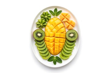 Beautifully arranged tropical fruit platter featuring sliced mango kiwi and oranges on a white oval plate