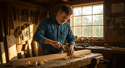 Carpenter handcrafting wood in a workshop lit by natural light, surrounded by vintage tools