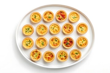Delicious assortment of mini quiches with various fillings arranged on a white platter for a party or catering event