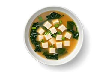Top view of a delicious bowl of traditional japanese miso soup with tofu and seaweed
