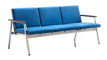 Modern blue threeseater sofa with metal frame isolated on transparent background, ideal for a comfortable and stylish living space