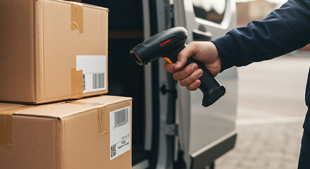 Parcel being scanned by a barcode reader before delivery