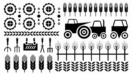 Illustration of farming equipment and crops including tractors wheat and gardening tools in black and white