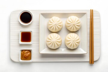 Delicious steamed bao buns served with soy sauce and dipping sauces on a white tray with chopsticks