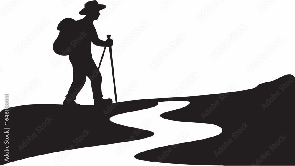 Aufkleber Silhouette of a hiker with a backpack and walking sticks traversing a winding path in monochrome style