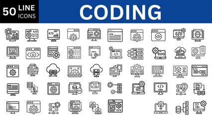  coding set of web icons in line style. 