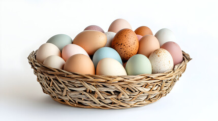 Rustic woven basket filled with assorted pastel eggs for easter decoration