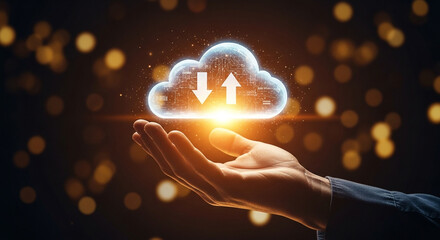 Photo of a hand is holding a digital cloud with upload and download arrows representing cloud computing
