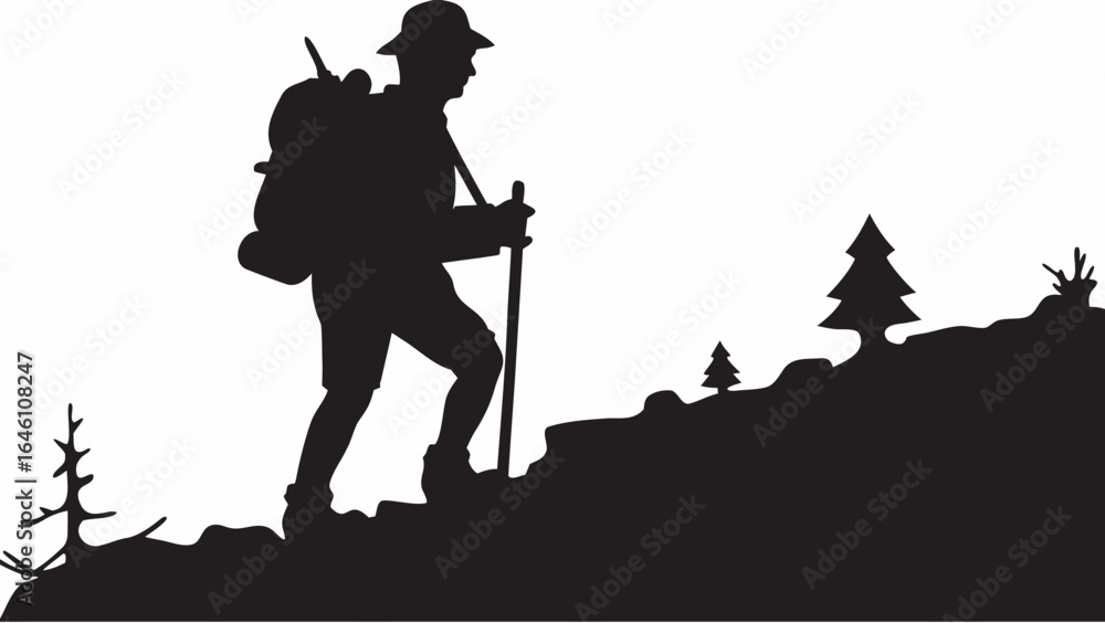 Poster silhouette of a hiker with backpack and hat climbing a hill with trees in the background on a white 