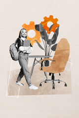 Composite zine pop trend collage of happy businesswoman businessman stand office gearwheel table...