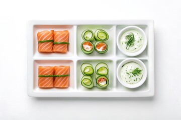 Delicious salmon nigiri and cucumber rolls served with creamy sauce in a bento box