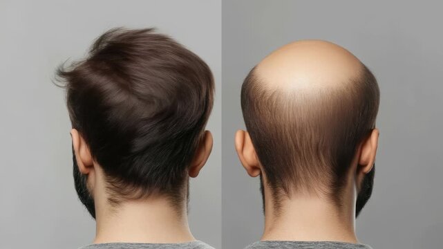 Transplant result frame: Person undergoes hair procedure, before image contrasts new appearance, focusing on growth success, scalp renewal, aesthetic change, improved texture, fuller strands,