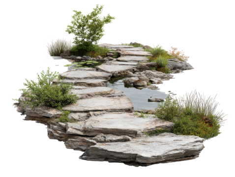 Serene garden path of layered flagstones crossing a tranquil pond with lush greenery.