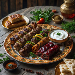 Traditional Turkish Adana kebab or kebap meat food, appetizers, raki and salgam on table from top view in turkish restaurant.