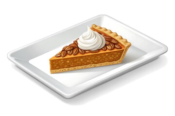 A delicious slice of pumpkin pie topped with whipped cream served on a white rectangular plate