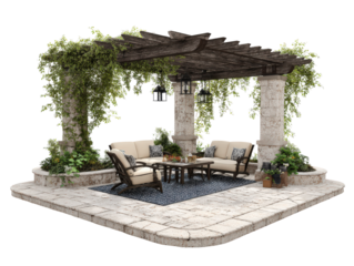 Rustic dark wood pergola on stone pillars with climbing vines over a patio lounge set with beige cushions.