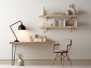 Minimalist Scandinavian Workspace with Floating Desk and Curated Shelves.
