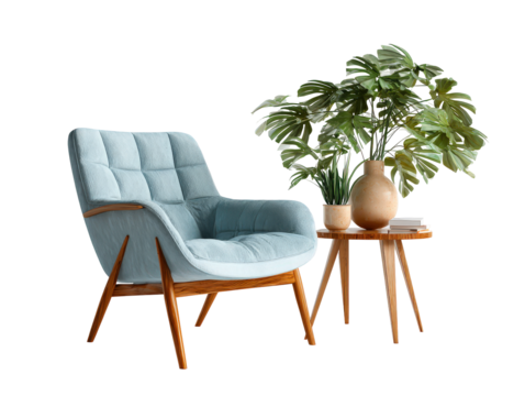 Mid-century modern armchair with light blue tufted upholstery and a wooden side table with houseplants.