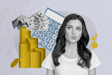 Banner full image art collage of happy businesswoman millionaire receive dollar coin capital...