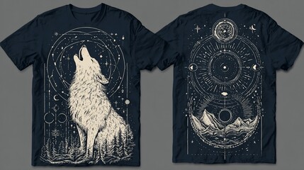 T-shirt displaying a howling wolf with celestial and geometric design on front and back.