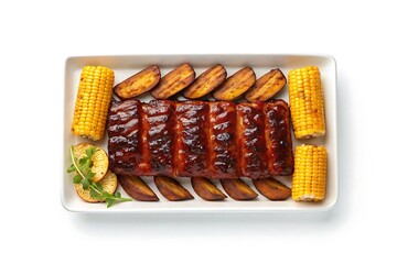 Delicious bbq pork ribs served with golden corn on the cob and roasted potato wedges on a white platter