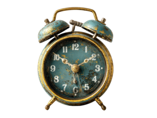 A rustic vintage twin-bell alarm clock with a distressed teal and gold patina finish.